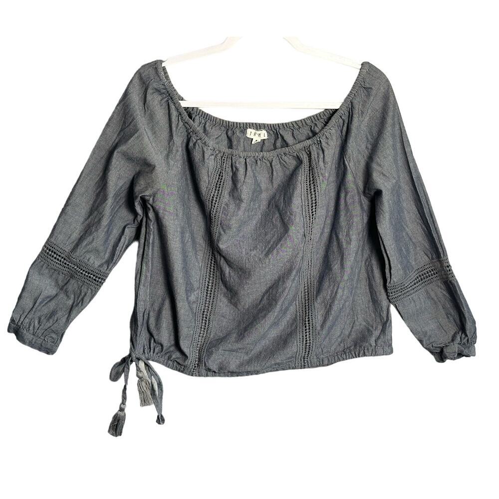 THML Medium Off The Shoulder Side Tie Chambray‎ Top Crochet Bohemian Peasant